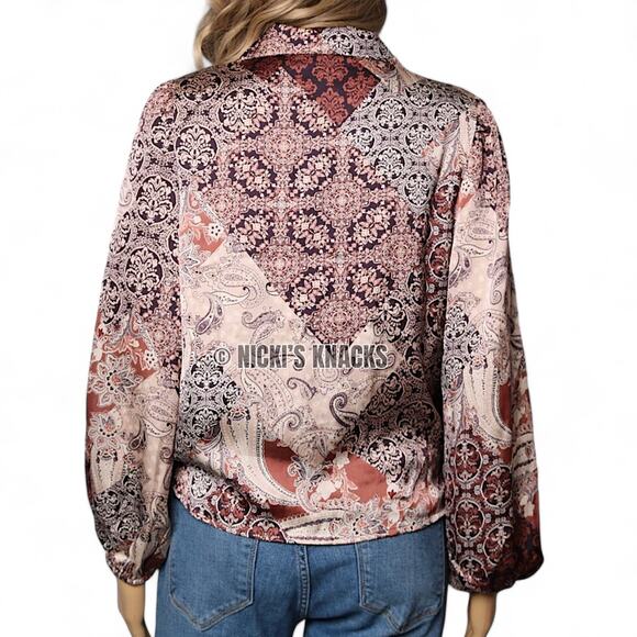 Eclair Satin Western Paisley Print Puff Sleeve Tie Front Blouse Plum Size S - Picture 5 of 10